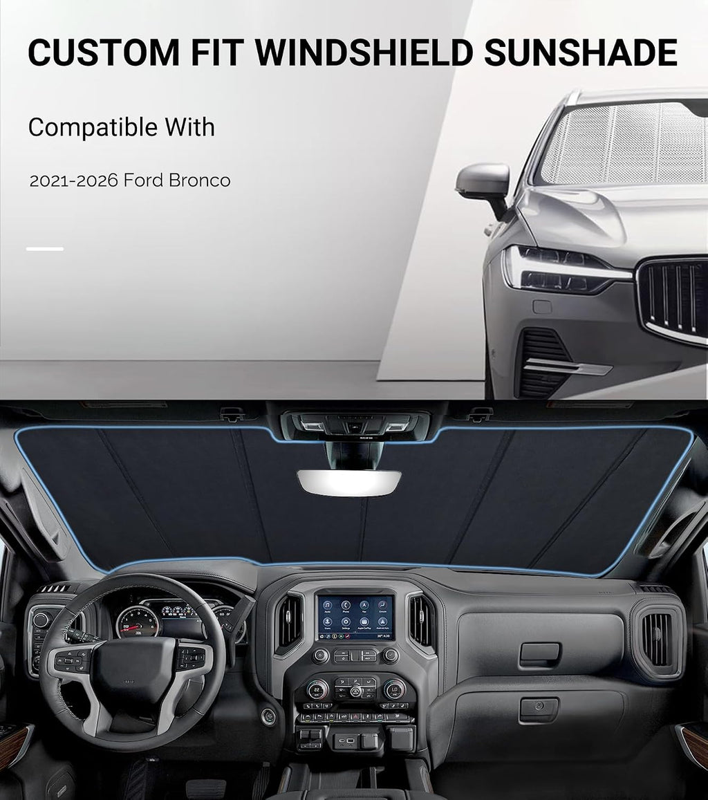 Pigenius Windshield Sun Shade for Ford Bronco 2021-2025. Reflective Aluminum Film Front Window Sunshade - BLAZBLOCK
