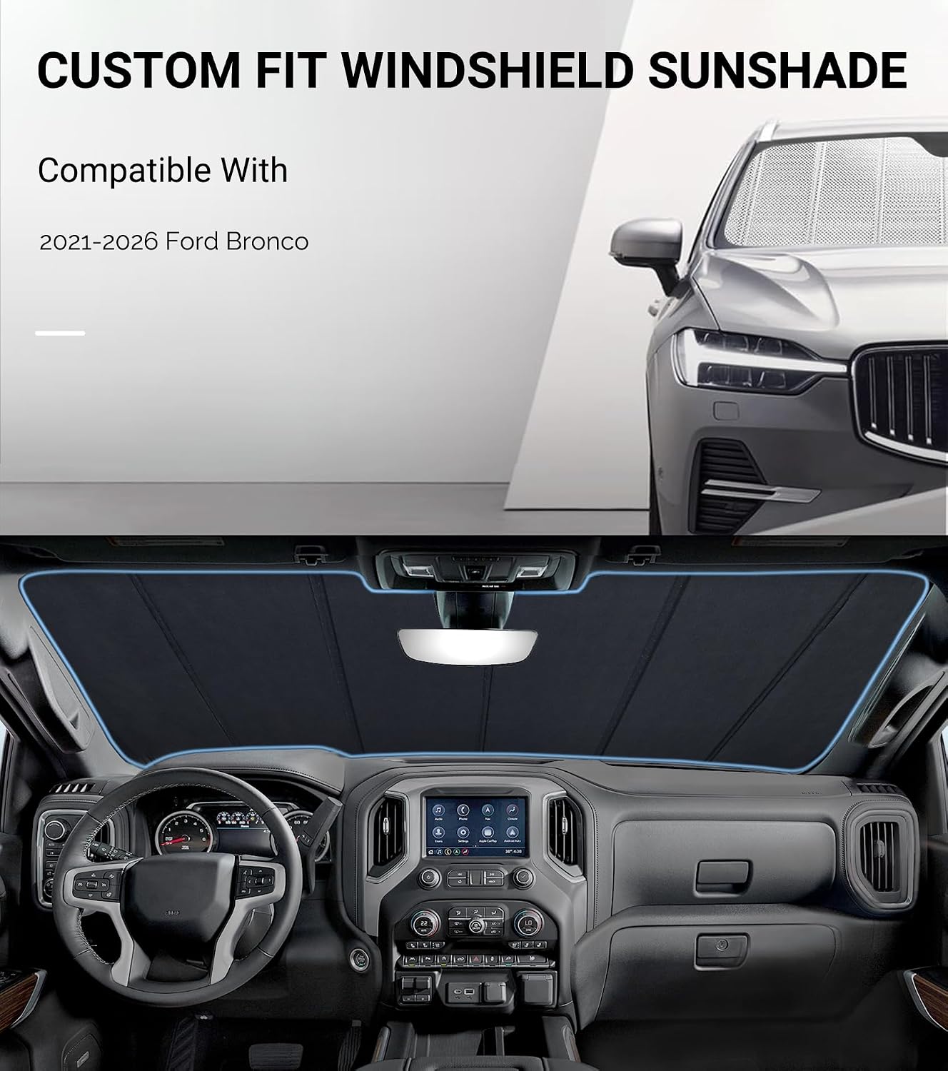 Pigenius Windshield Sun Shade for Ford Bronco 2021-2025. Reflective Aluminum Film Front Window Sunshade - BLAZBLOCK