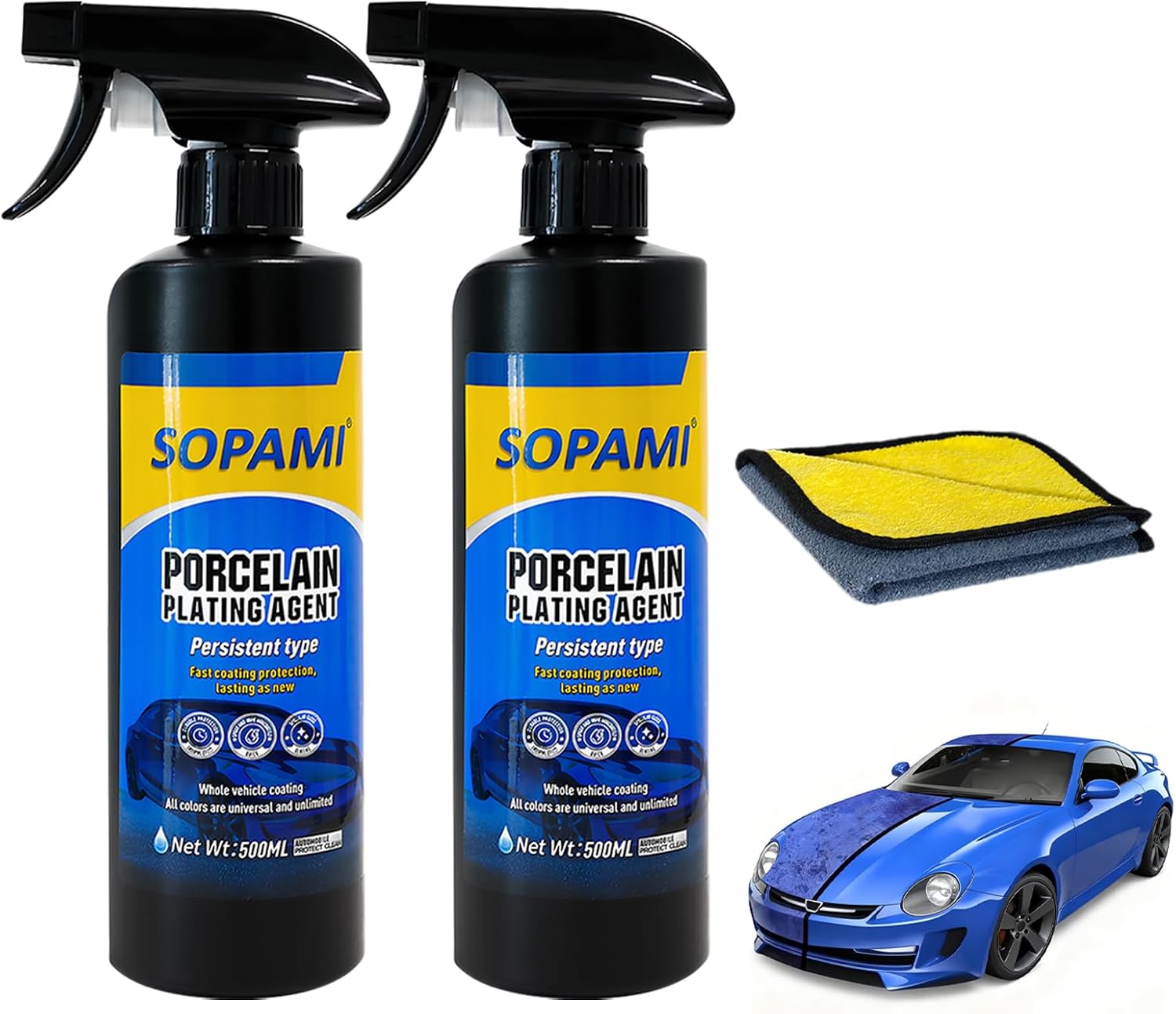 SOPAMI Car Coating Spray Ceramic Spray Coating 17.6 oz with Towel (2 Pack) | Waterless Wash and Glass Oil Film Cleaning,Long-lasting Hydrophobic, High Gloss Shine, for Window Glass,Wheels,Trim