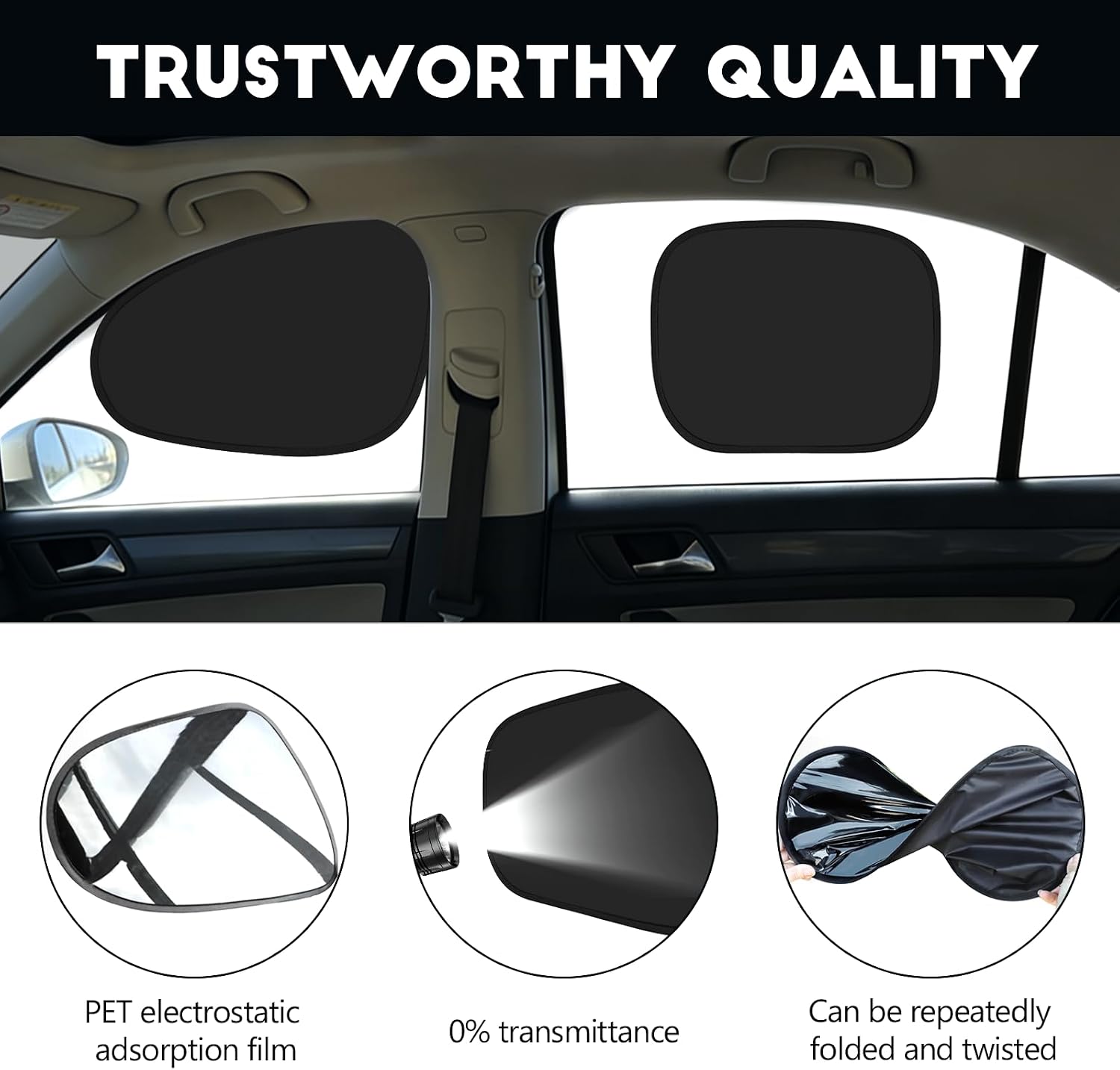 4PCS Car Window Shades, Static Cling Auto Front & Rear Side Window Sunshade, Foldable, PET+Blackout, Vehicle Sun Shade Blocker for Heat UV Glare Protection, Car Accessories (Front+Rear)