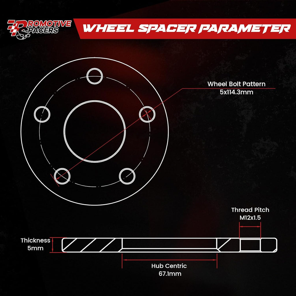 PMS 5mm Hub Centric Wheel Spacers 5x114.3 (5x4.5) 67.1mm M12x1.5 Studs 4PCS | Forged 6061-T6,Anodized Finish,10.9 Grade Studs,Direct Bolt On, For Mazda, Mitsubishi, Hyundai, Kia