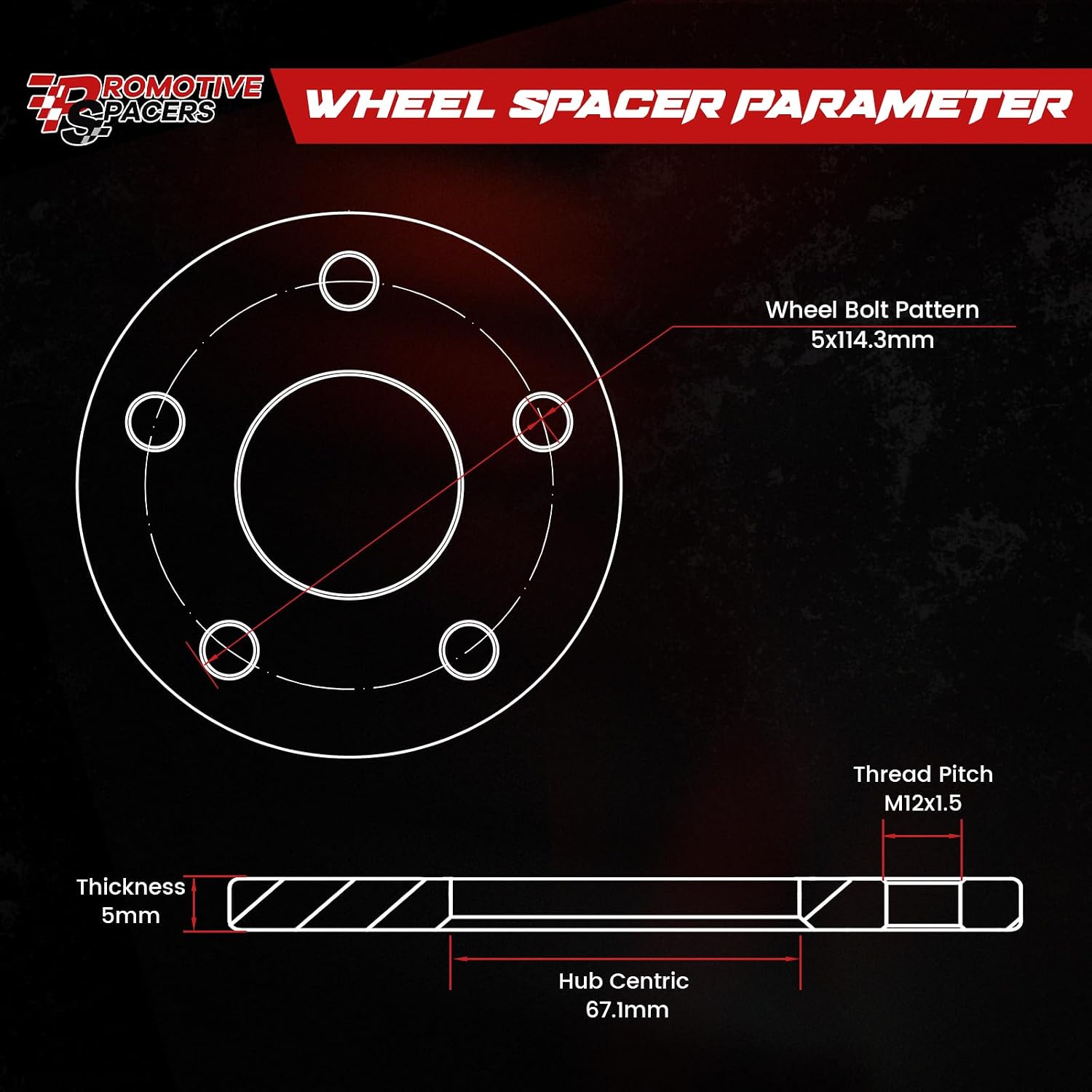 PMS 5mm Hub Centric Wheel Spacers 5x114.3 (5x4.5) 67.1mm M12x1.5 Studs 4PCS | Forged 6061-T6,Anodized Finish,10.9 Grade Studs,Direct Bolt On, For Mazda, Mitsubishi, Hyundai, Kia