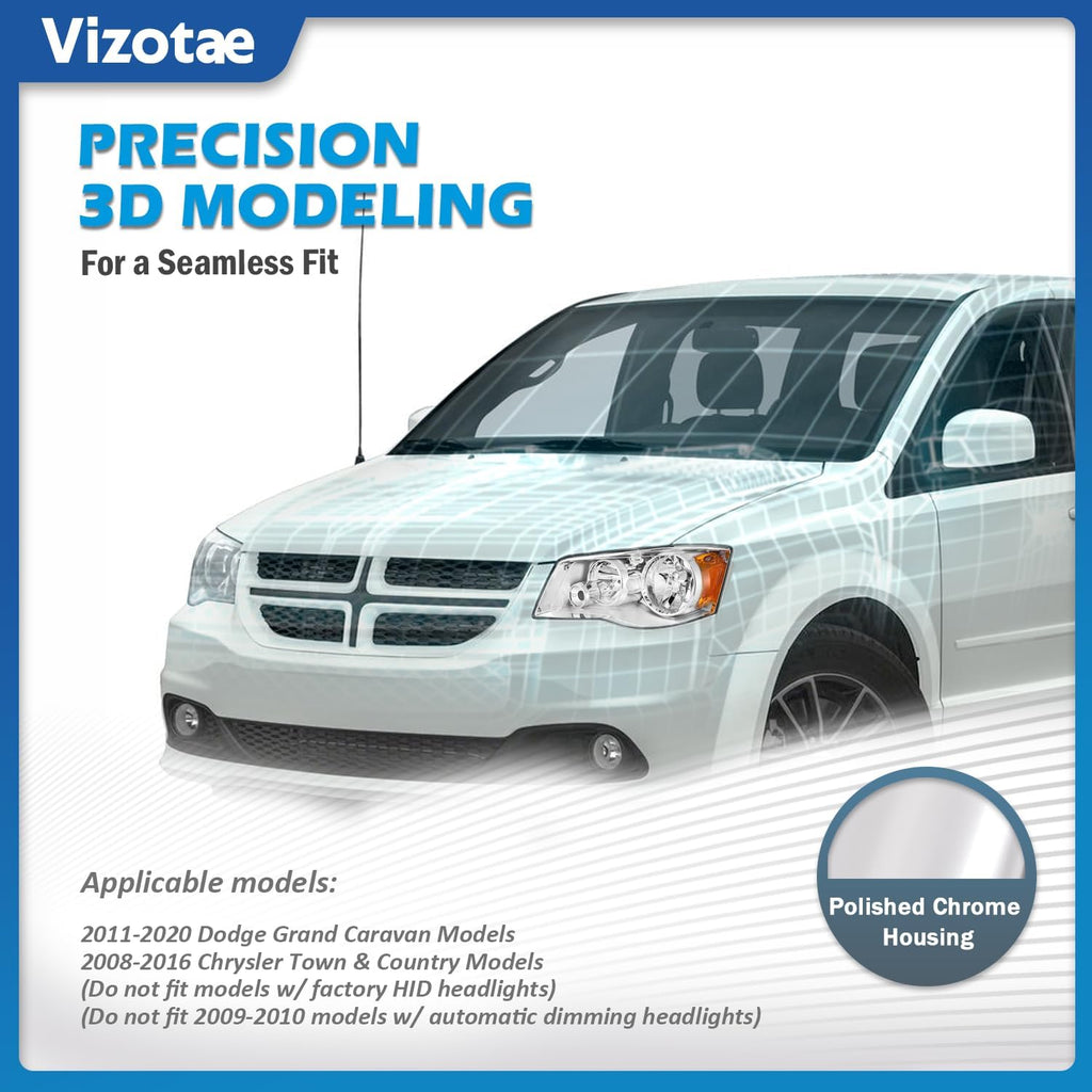 Headlights Assembly for 2011-2020 Dodge Grand Caravan, for 2008-2016 Chrysler Town Country High/Low Beam with Bulbs, Passenger and Driver Side