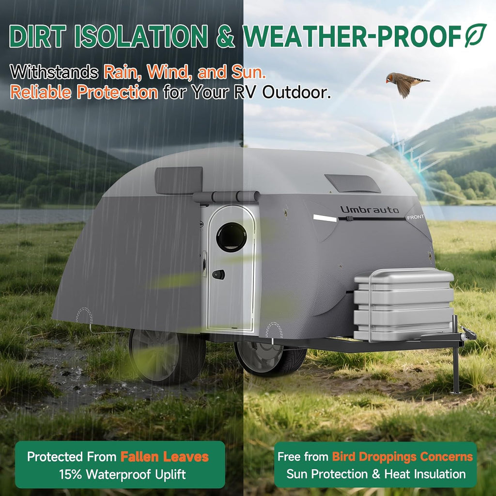 Teardrop Trailer Cover Fits 12'-15' RV, Camper Cover for R-Pod Trailers | Waterproof Travel Trailer Cover, 7 Layers Top, Leightweight, Camper Cover with Windproof Strap for Clamshell Trailers