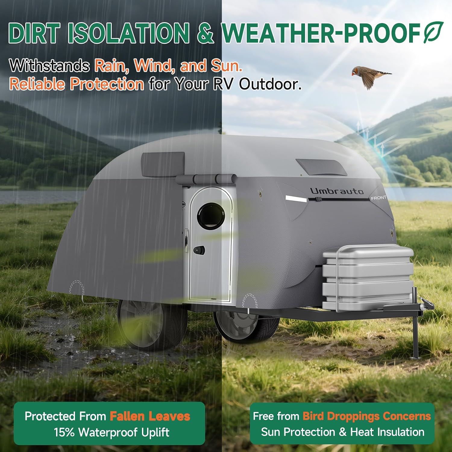 Teardrop Trailer Cover Fits 12'-15' RV, Camper Cover for R-Pod Trailers | Waterproof Travel Trailer Cover, 7 Layers Top, Leightweight, Camper Cover with Windproof Strap for Clamshell Trailers