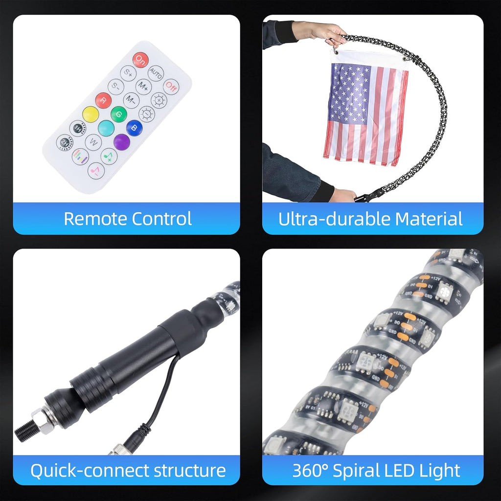 2pc 4ft Spiral RGB LED Whip Lights for UTV, LED Whips for SXS ATV Boat Offroad, RF Remote Control Compatible with Polaris RZR Can-Am Maverick X3 Sportsman Outlander
