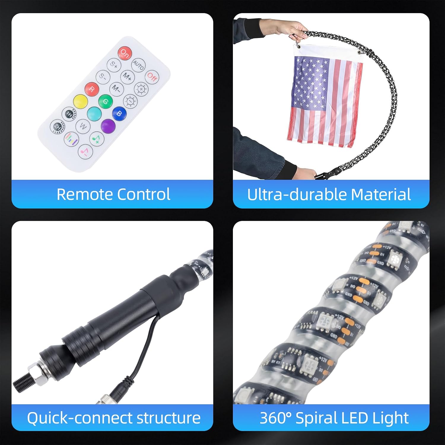 2pc 4ft Spiral RGB LED Whip Lights for UTV, LED Whips for SXS ATV Boat Offroad, RF Remote Control Compatible with Polaris RZR Can-Am Maverick X3 Sportsman Outlander
