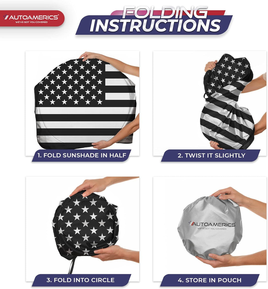 Autoamerics 1-Piece Windshield Sun Shade B&W American Flag USA Patriotic Design - Foldable Car Front Window Sunshade for Most Sedans SUV Truck - Blocks Max UV Rays and Keeps Your Vehicle Cool - Medium