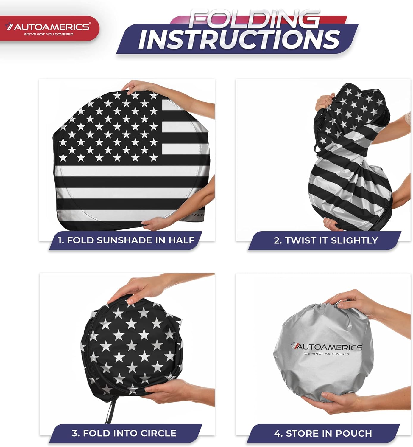 Autoamerics 1-Piece Windshield Sun Shade B&W American Flag USA Patriotic Design - Foldable Car Front Window Sunshade for Most Sedans SUV Truck - Blocks Max UV Rays and Keeps Your Vehicle Cool - Medium