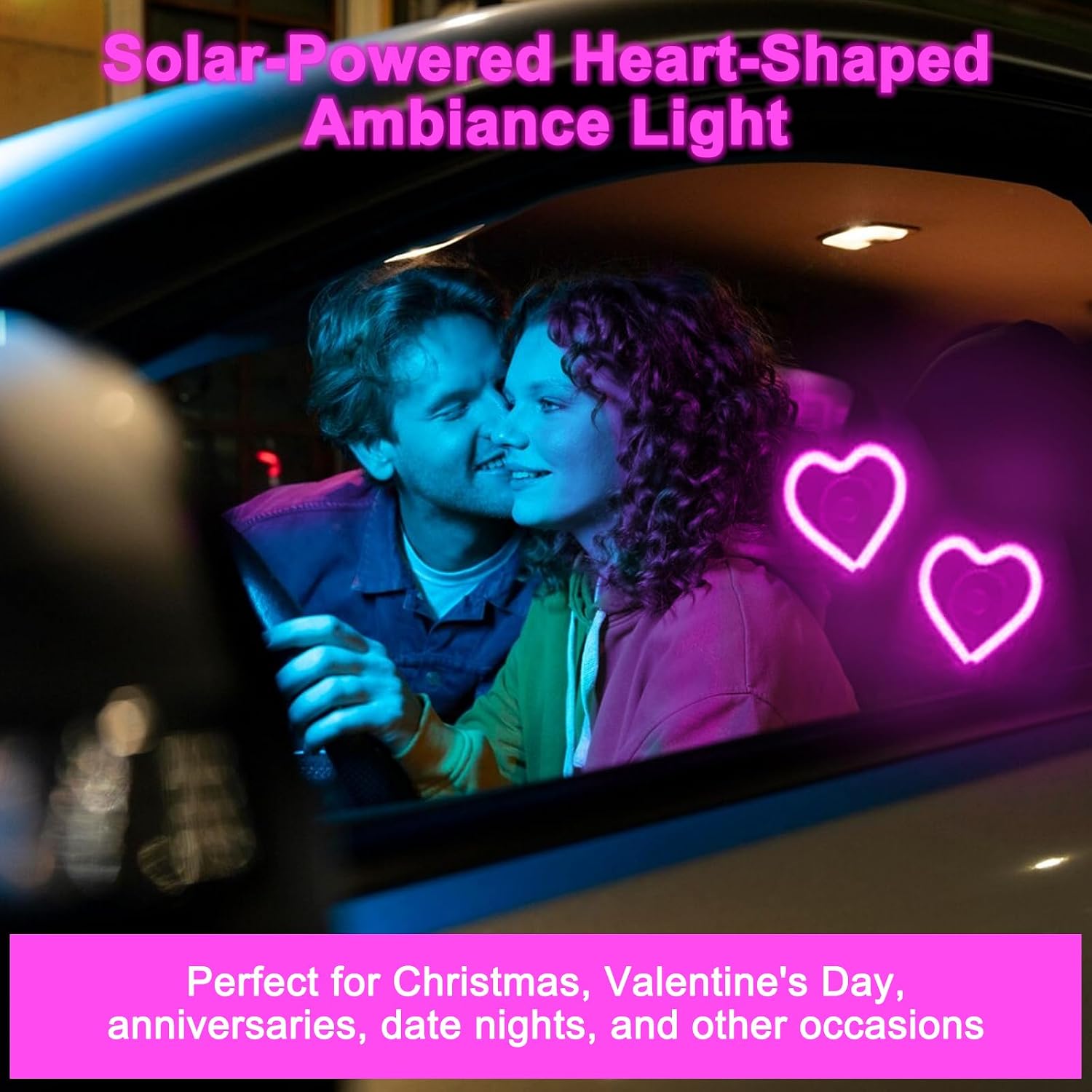 2Pcs Solar Powered Heart Shape Car Ambient Light, Pink LED Neon Light for Car Back Window Decoration, 5 Modes, Romantic Gift for Christmas Valentine's Day