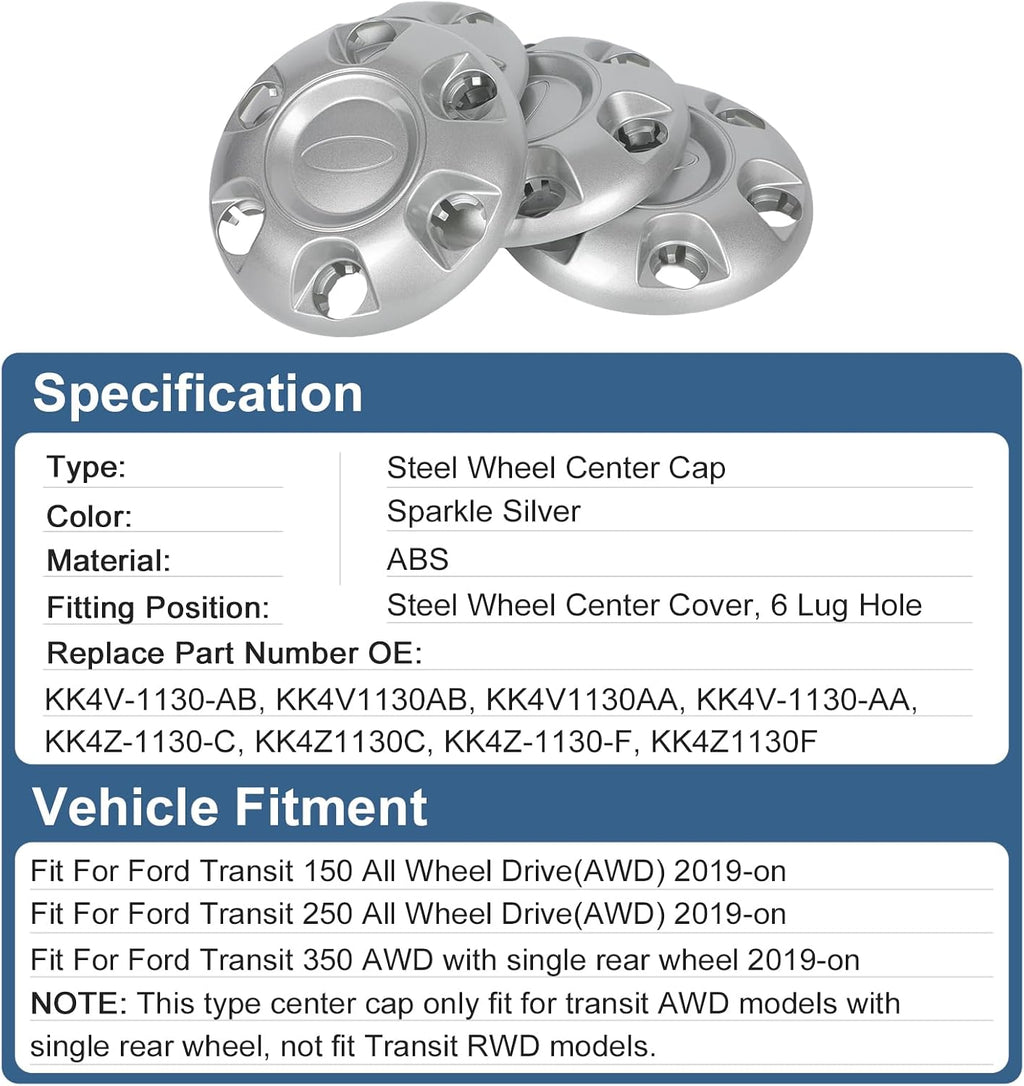 16" Sparkle Silver Wheel Center Cap, 6 Lug Holes, for Ford Transit 150 250 350 AWD 2019-2026, Replaces Part KK4V-1130-AB, Set of 4