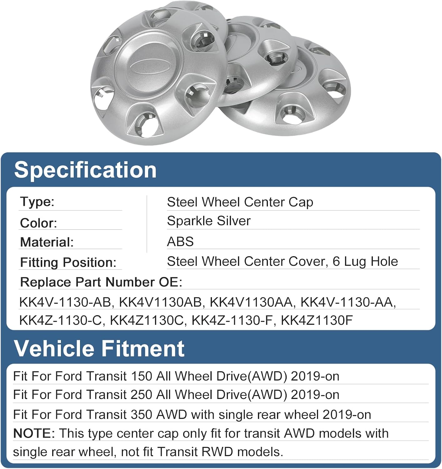 16" Sparkle Silver Wheel Center Cap, 6 Lug Holes, for Ford Transit 150 250 350 AWD 2019-2026, Replaces Part KK4V-1130-AB, Set of 4