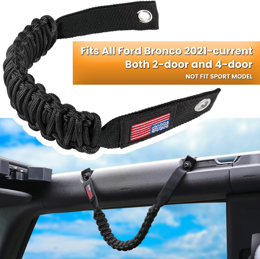 E-cowlboy Roll Bar Grab Handles Paracord Grip Handle for Ford Bronco 2021 2022 2023 2024 2-Door 4-Door Interior Accessories Premium Paracord US Flag (Black 2 Pack)