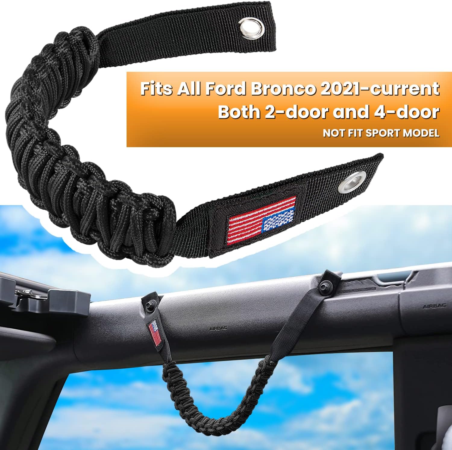 E-cowlboy Roll Bar Grab Handles Paracord Grip Handle for Ford Bronco 2021 2022 2023 2024 2-Door 4-Door Interior Accessories Premium Paracord US Flag (Black 2 Pack)