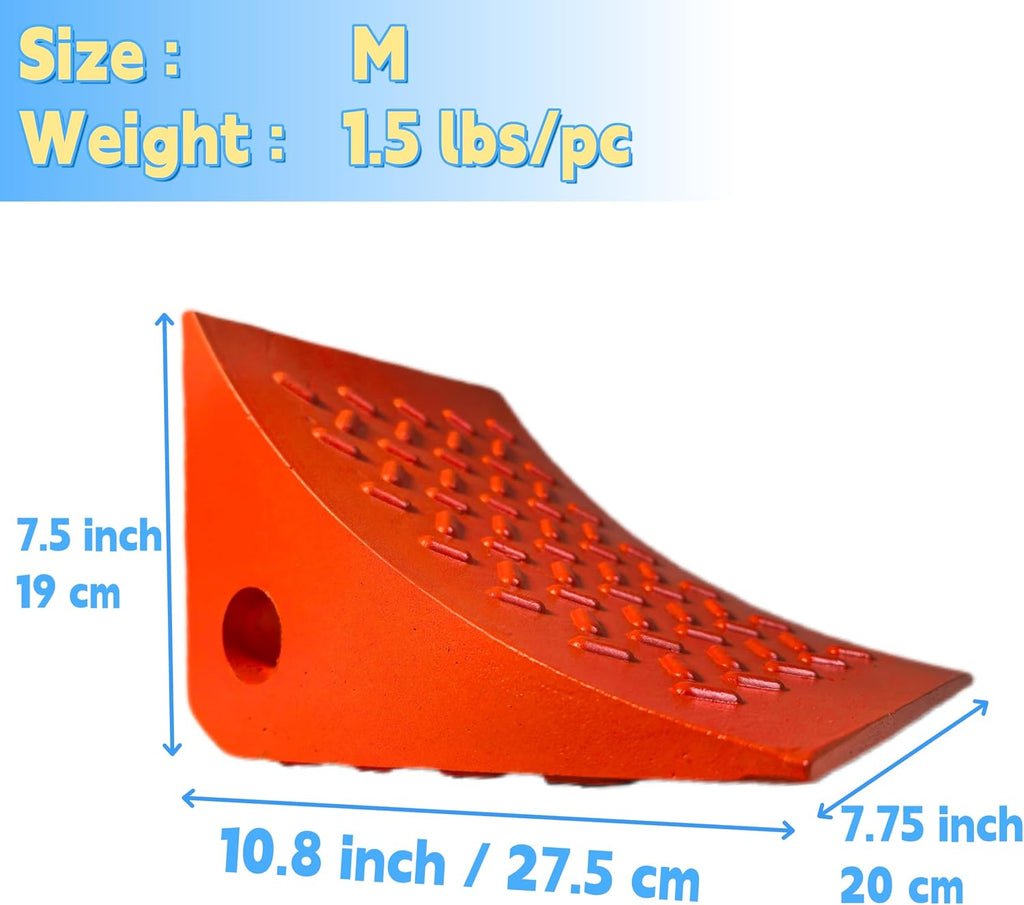 Orange PU Large Wheel Chocks with Reflective Strips,2-Piece M(10.8x7.75x7.5 Inch) Urethane Wheel Chock,All-Weather, Non-Slip & Portable Parking Security for Truck, RV, Trailer (2, M)