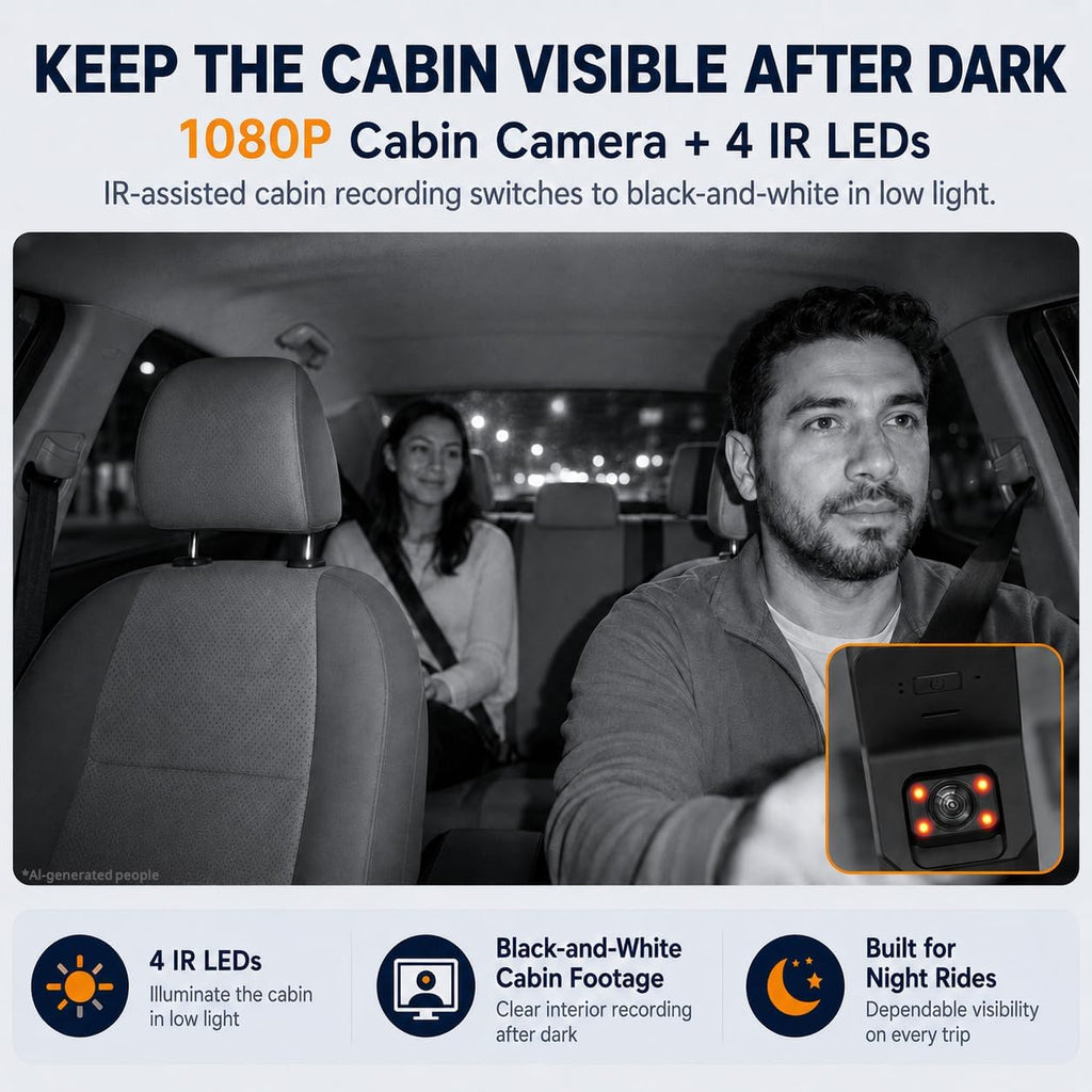 dash cam front and inside, 2.5k+ 1080p cabin, close-up detail