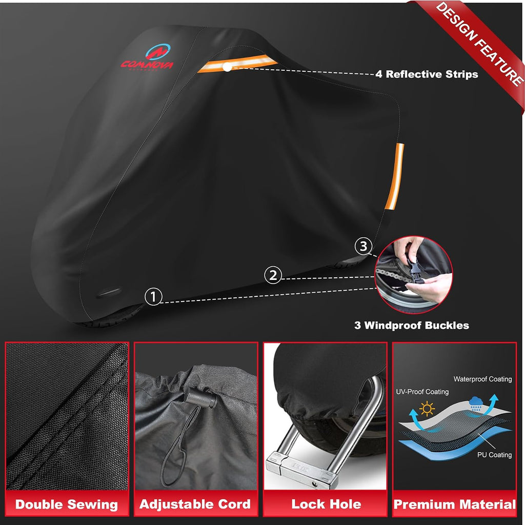 Comnova Motorcycle Cover 96 Inch - 600D Outdoor Motorbike Cover Waterproof with Lock Hole, Universal Fit for Harley, Honda, Kawasaki, Full Protection, Moped Covers for Motorcycle Vehicle Up to 96"