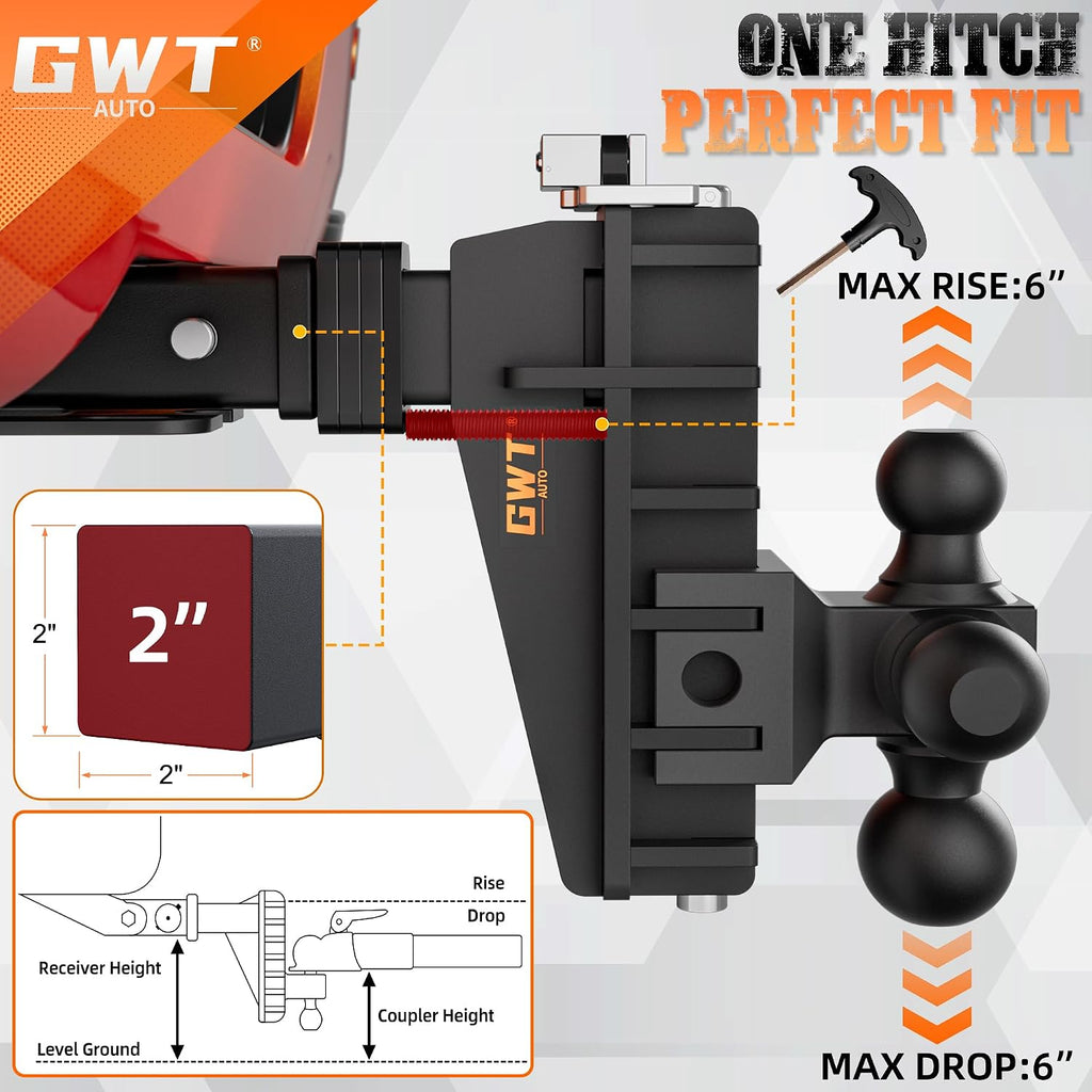 GWTAUTO Adjustable Trailer Hitch with Hook, Tri-Ball (1-7/8" x 2" x 2-5/16") Drop Hitch, Fits 2-Inch Receiver, 6 Inch Drop Hitch, 17000 LBS GTW Tow Hitch for Heavy Duty Truck, Solid Ball Mount