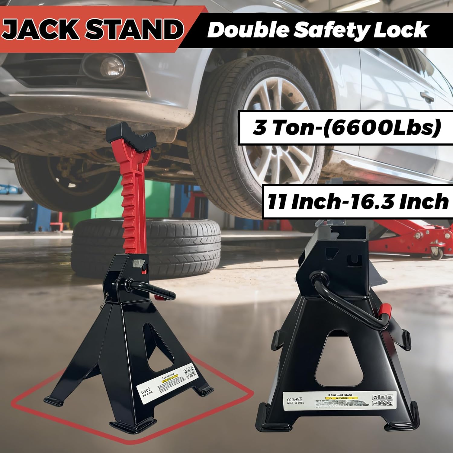 HENBOW Jack Stands,3 Ton(6600 Lbs) Capacity Car Jack Stand with Lock Pin,11.02"-16.14" Adjustable Height for Cars Trucks,Garage, SUV, UTV/ATV,1 Pair,Black