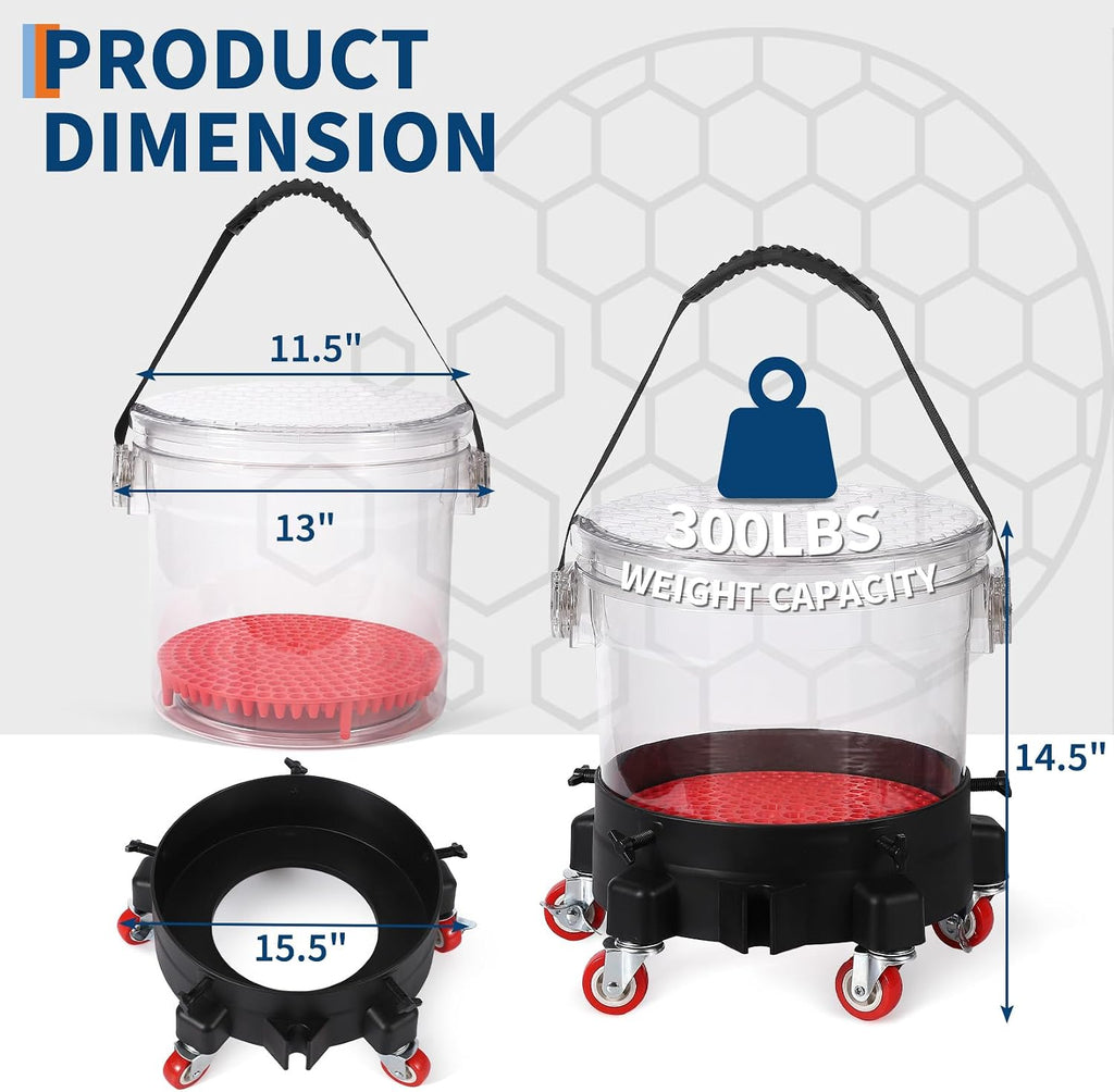 GarveeTech 5 gal Car Wash Bucket Kit 300 LBS Capacity - Includes Grit Trap, 5-Caster Dolly, Rubber Handle & Lid, Professional Detailing Kit for Auto Cleaning, Transparent