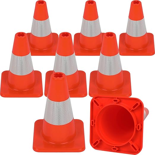 8 Pack All-PVC 1-Piece Traffic Cones, 360° Visible Fluorescent Orange-Red by OranLite