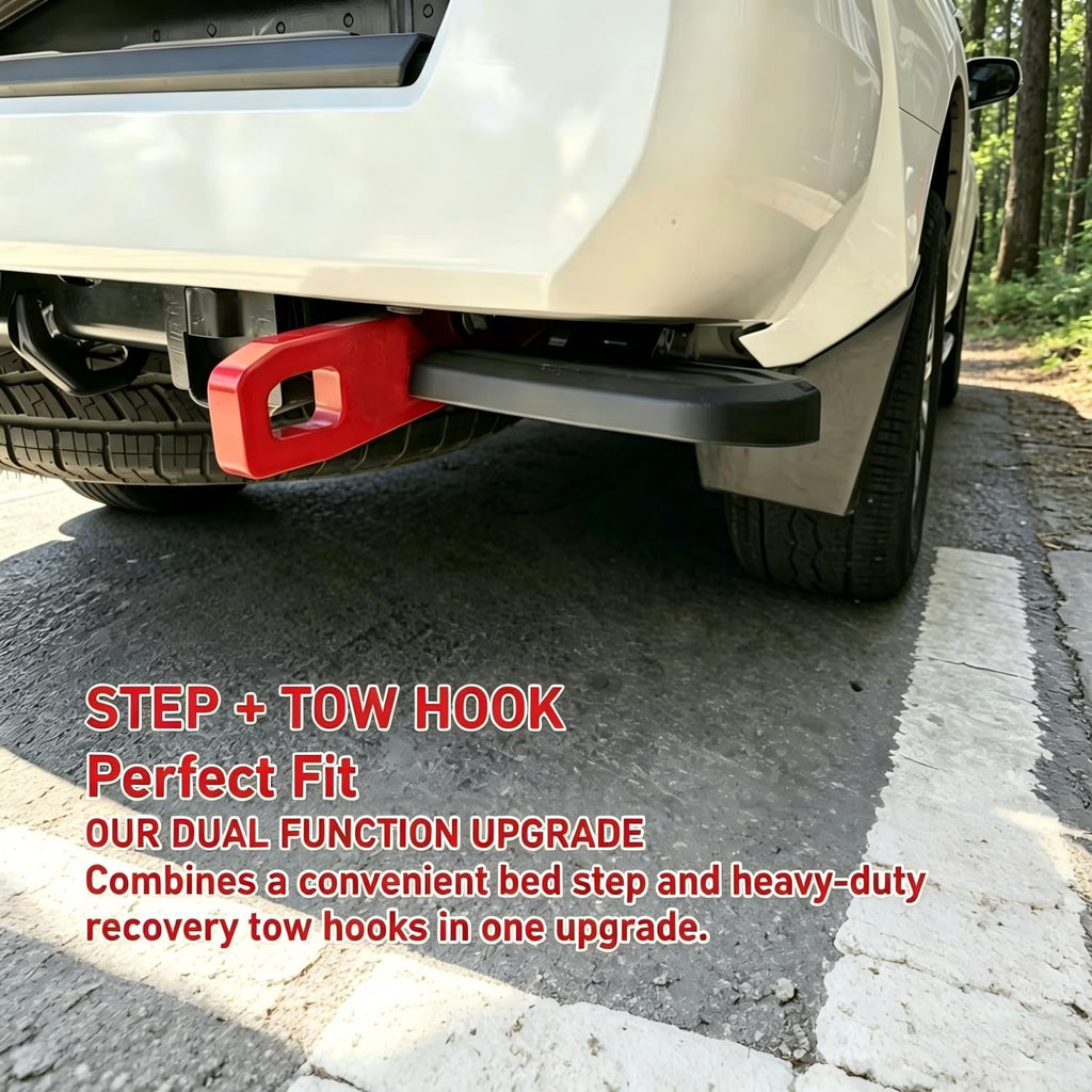 Rear Tow Hooks & Rear Bed Step Combo Kit Compatible with 2024 2025 2026 Toyota Tacoma, No More Choosing — Install Both Simultaneously, Forged Steel Hooks & Aluminum Folding Truck Step