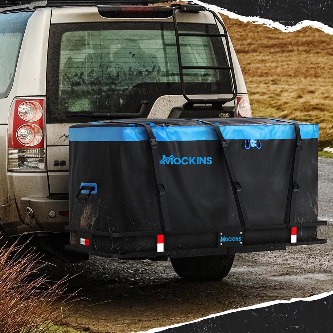 Mockins 25 Cu Ft Large Weatherproof Trailer Hitch Cargo Carrier Bag Set | 60"x24"x31" Waterproof Cargo Bag for Hitch Carrier & Truck Bed | Vinyl Vehicle Soft-Shell Carriers w/ Straps, Lock & Case