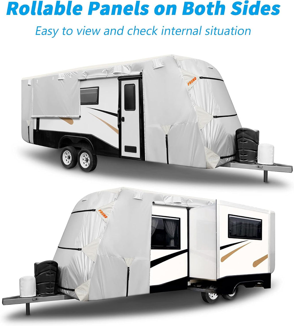 FRUNO Oxford Fabric Travel Trailer Cover RV Cover 27'-30' Waterproof Rip-Resistant Anti-UV Camper Cover for Winter Snow with Jack Cover 4 Tire Covers and Gutter Covers