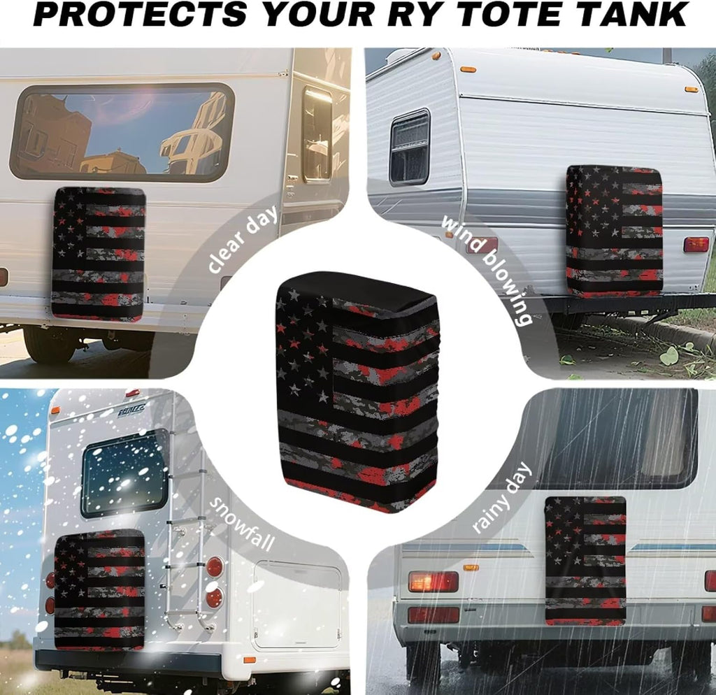JoyLamoria Camo American Flag RV Tote Tank Cover Compatible 28-36 Gallon | Tote Tanks Waterproof & UV Resistant RV Portable Waste Tank Cover