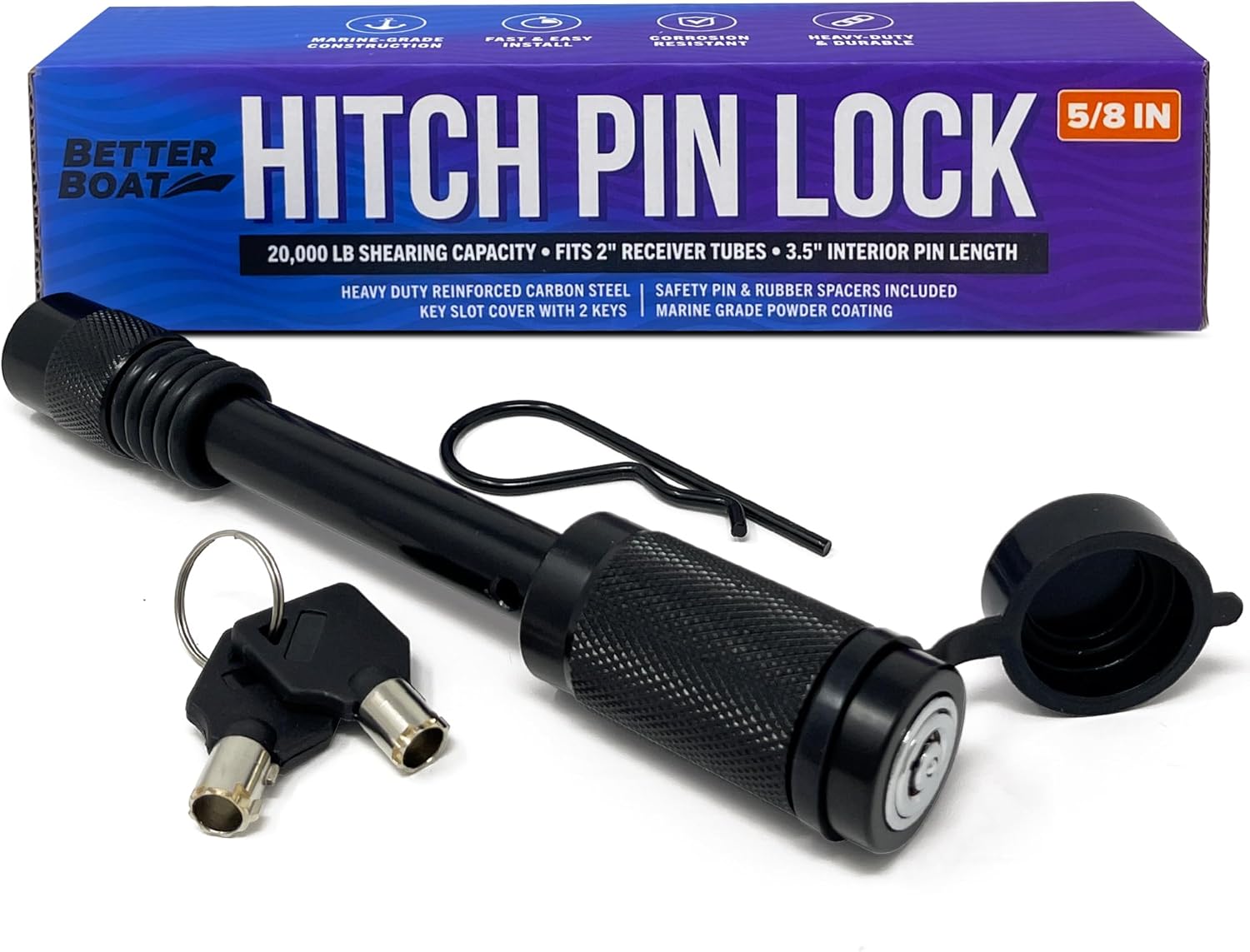 Better Boat Lockable Hitch Pin Lock 5/8 Inch, Keyed for 2 Inch Receiver, Trailer Tow and Bike Rack, 3.5 Inch Pin, Towing Accessories
