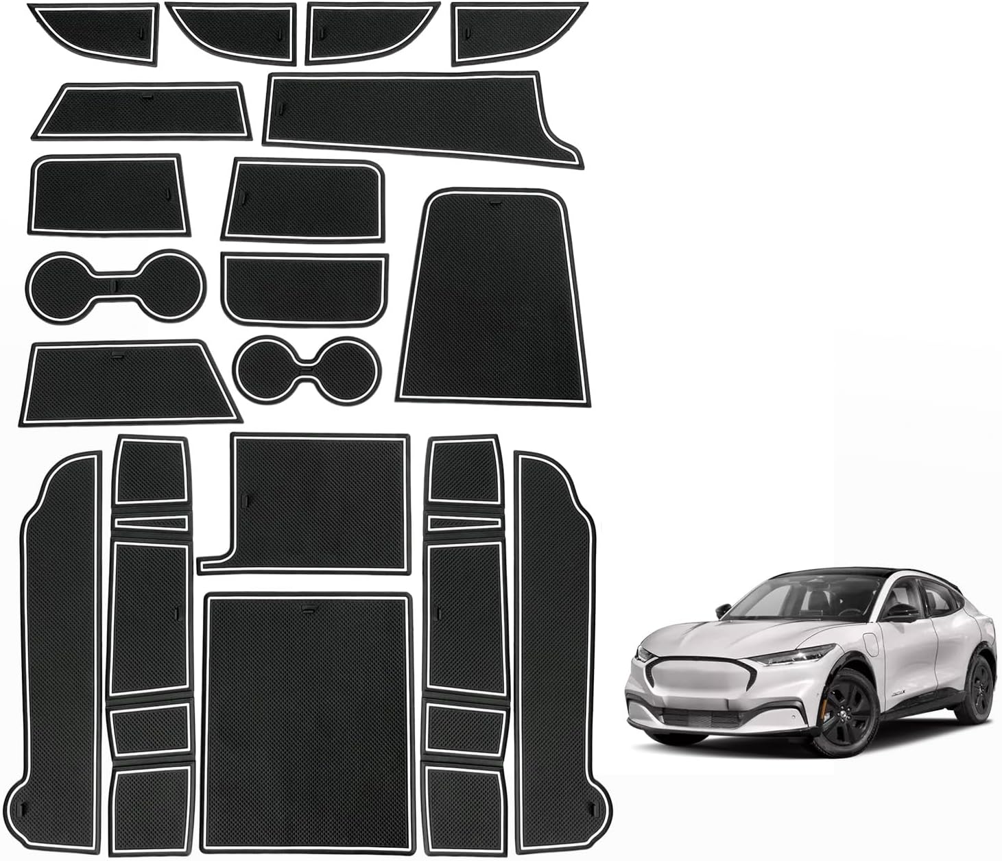 BestEvMod Compatible with Mach E Accessories 2021-2024 PVC Interior Anti Dust Cup Holder Inserts Center Console Liner Mats 18-pcs Set (V3 Fluorescent White)