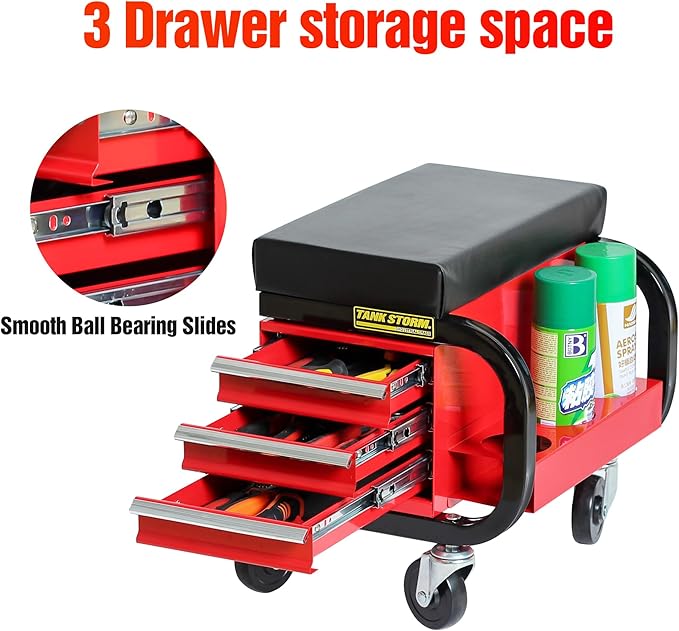 Tool Box Built-in Creeper Seat, Garage Shop Roller Seat, 3 Drawers Heavy Duty - Image 7