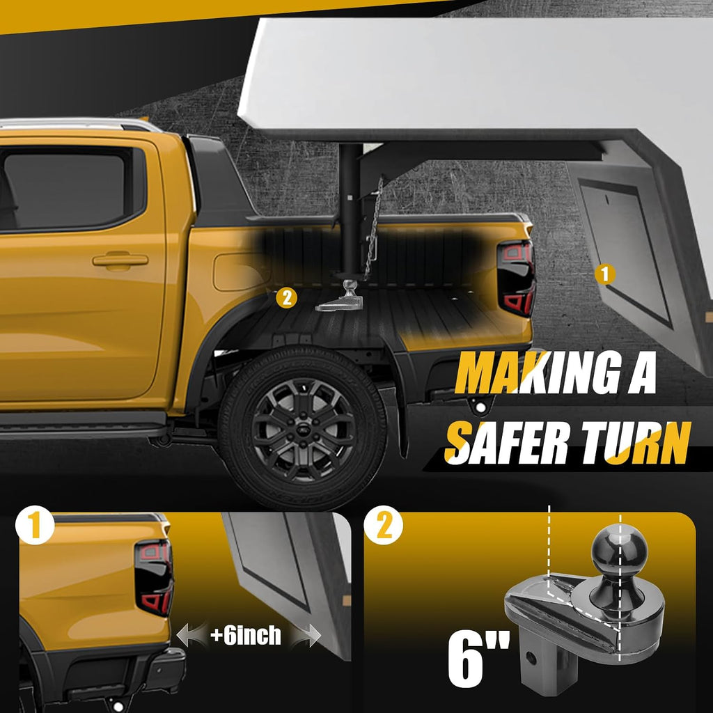 6" Offset Gooseneck Ball Extender, 2-5/16" Hitch Ball, 25,000 lbs GTW / 5,000 lbs VTW, Cab Clearance Solution for Short Bed Trucks, Reinforced Rib Structure, Polyurethane Stabilization System
