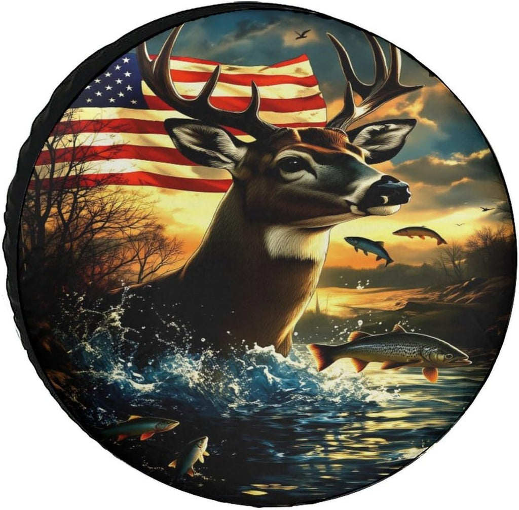 Deer American Flag Fishing Wildlife Oxford Spare Tire Cover for Jeep Trailer RV SUV Truck Wheel,Fit Overall Wheel Diameter 28inch