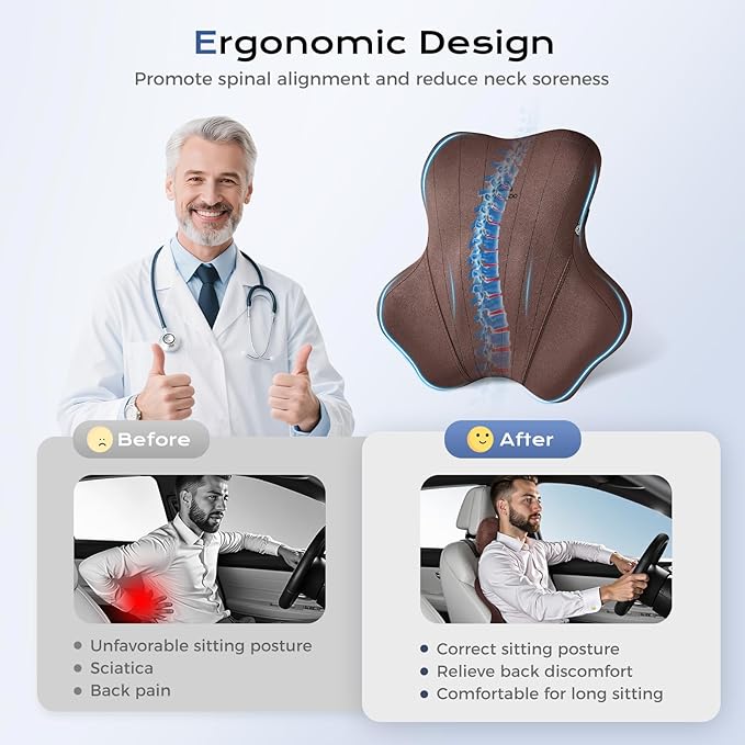 Coverado Car Lumbar Support Pillow and Car Neck Pillow Kit, Ergonomic Design - Image 3