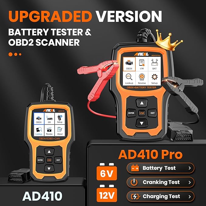 ANCEL AD410 PRO OBD2 Scanner and Battery Tester, 2-in-1 Car Diagnostic Tool