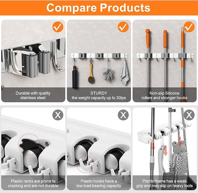 Mop and Broom Holder Wall Mount, Upgraded Broom Organizer Wall Mount, Stainless - Image 4