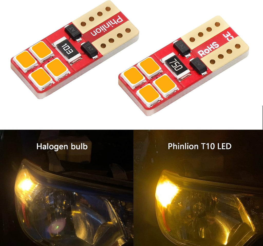 PHINLION Super Bright Miniature Wedge T10 168 194 2825 2827 12396 LED Bulbs for Car Interior Dome Map Side Marker Parking Lights, Amber Yellow (10 Pack)