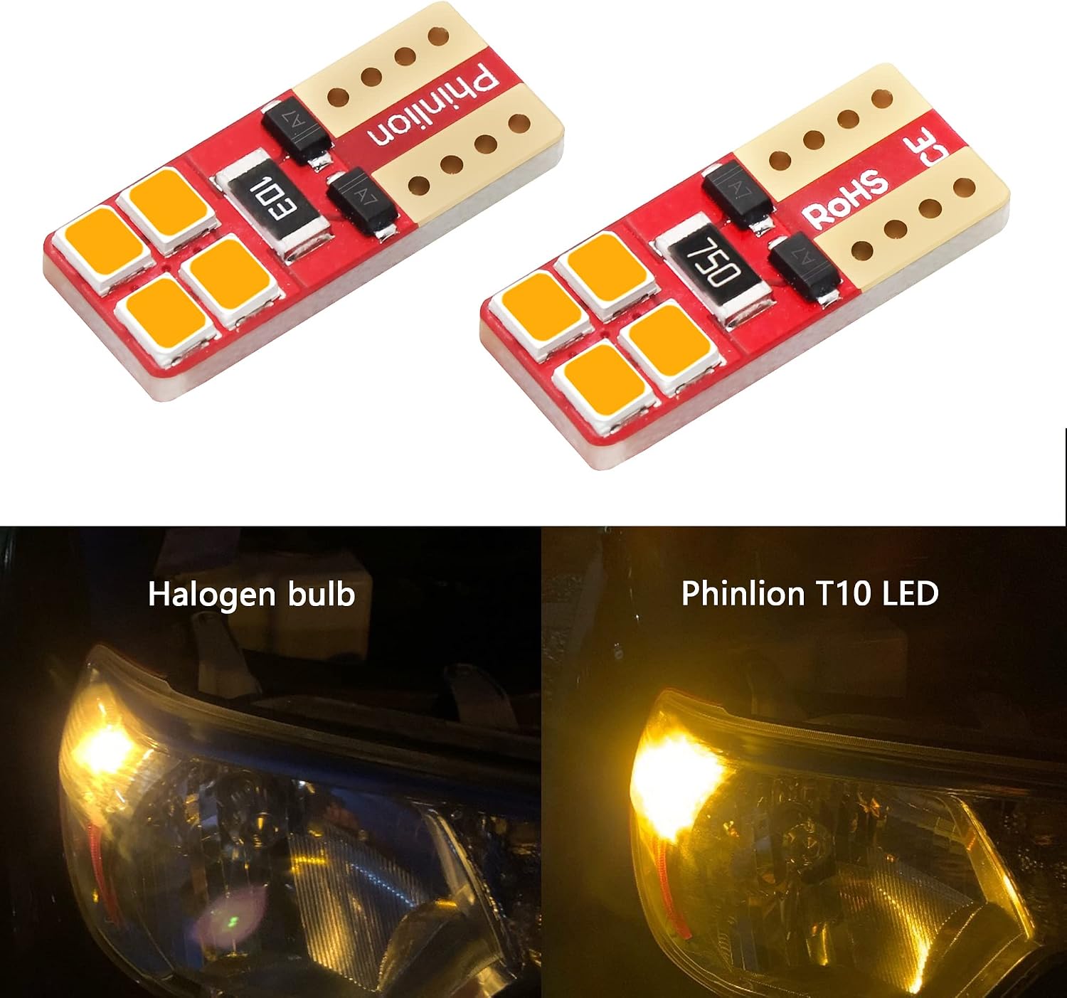 PHINLION Super Bright Miniature Wedge T10 168 194 2825 2827 12396 LED Bulbs for Car Interior Dome Map Side Marker Parking Lights, Amber Yellow (10 Pack)