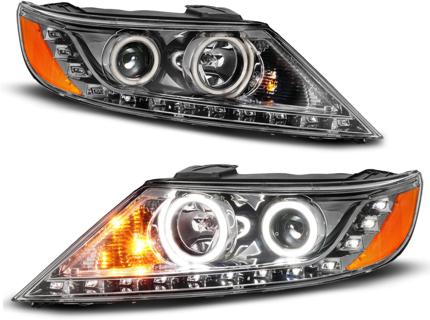 AmeriLite for 2011-2013 Kia Sorento Xtreme LED Halo Rings Gun-Metal Projector Headlights Set - Passenger and Driver Side