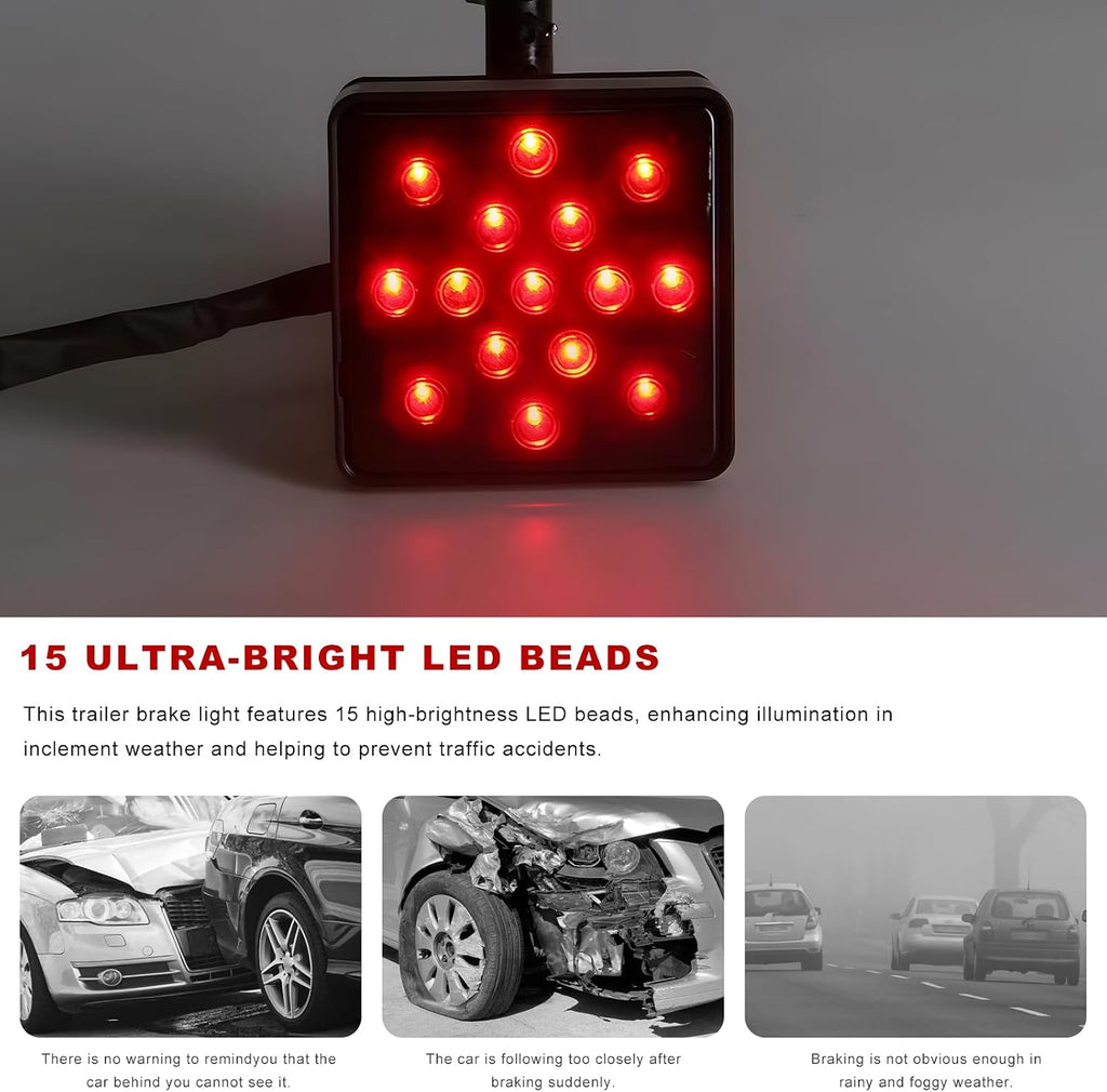 15 LED Brake Light Trailer Hitch Cover, 12V Bright Smoked Lens Tail Light for 2" Towing Hitch Receiver, Waterproof Square Brake Driving Lamp Exterior Accessories for Truck SUV RV