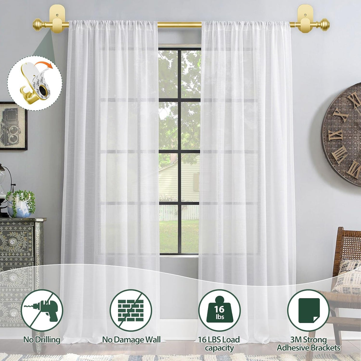kamanina curtain rods no drilling 2 pack 32-58" shown in use