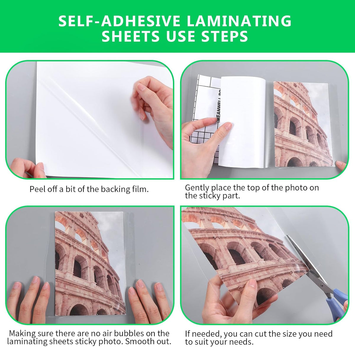 matte self adhesive laminating sheets, 8.4 x 12.2, package contents