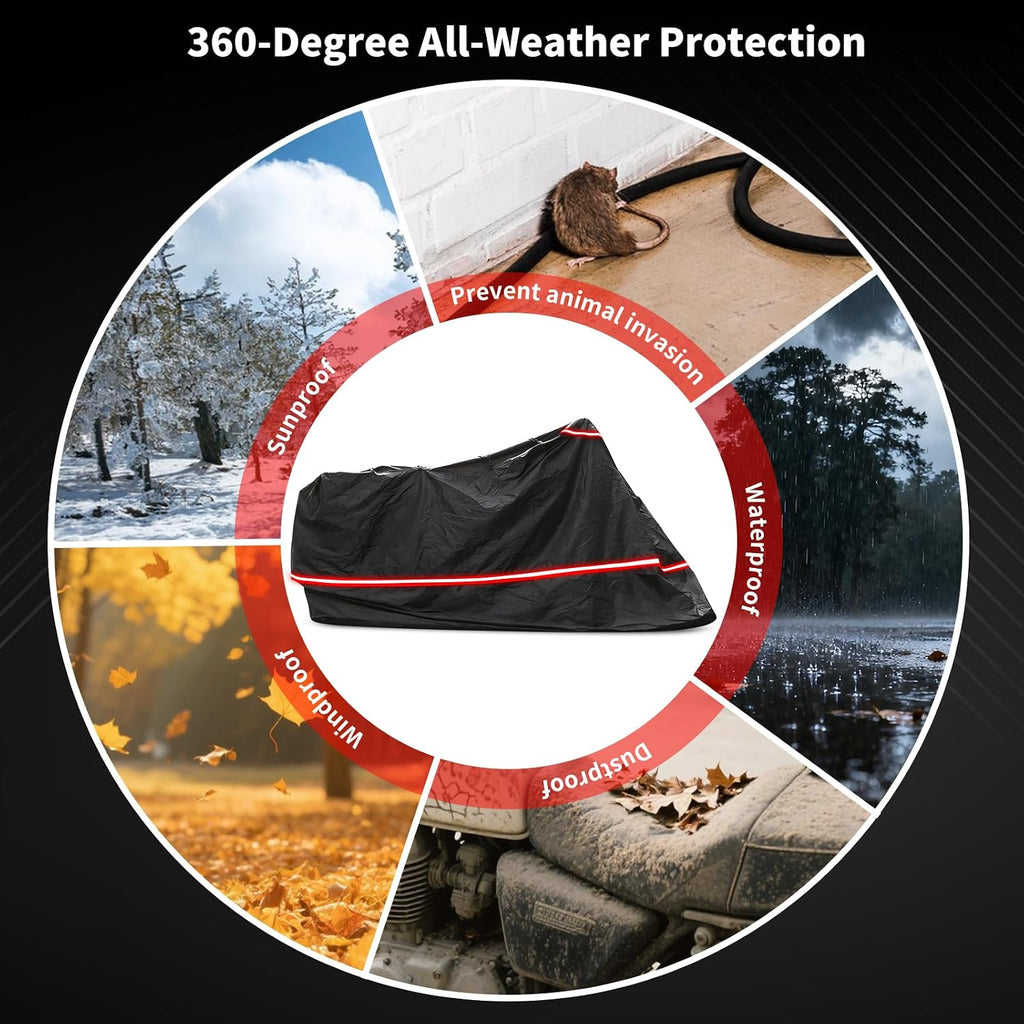 Full Enclosed Motorcycle Cover - Waterproof for Outdoor & Indoor Storage,600D Heavy Duty with Reflective Strips,Fits Scooters & Touring Motorcycles up to Length 108" x 45" x 59" Black