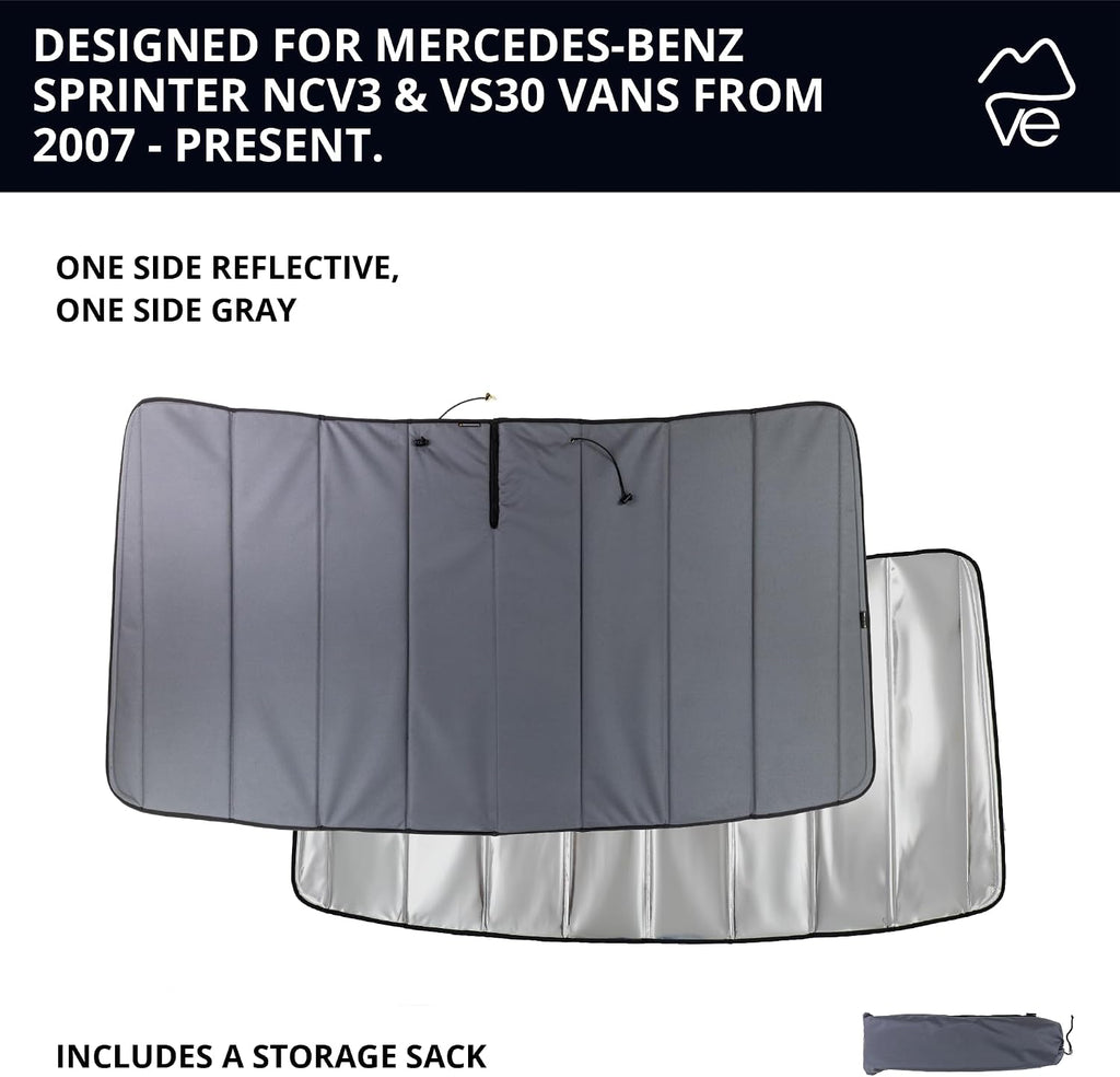 VanEssential Insulated Reflective Blackout Window Cover Designed for Mercedes-Benz NCV3 & VS30 (Van Years 2007 to Current), Front Windshield, Charcoal Gray Reflective