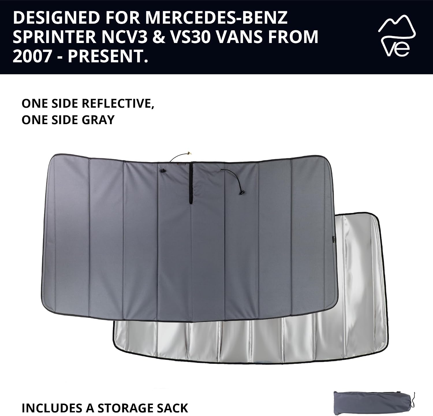 VanEssential Insulated Reflective Blackout Window Cover Designed for Mercedes-Benz NCV3 & VS30 (Van Years 2007 to Current), Front Windshield, Charcoal Gray Reflective