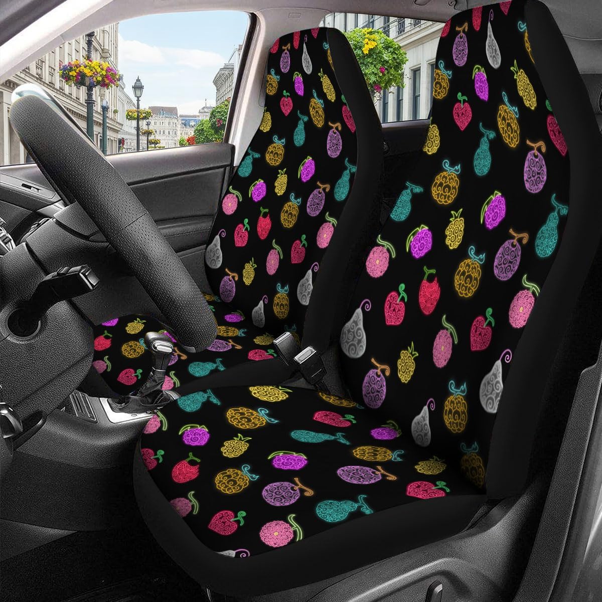 genany fantasy fruit pattern car seat covers, 2-piece, close-up detail