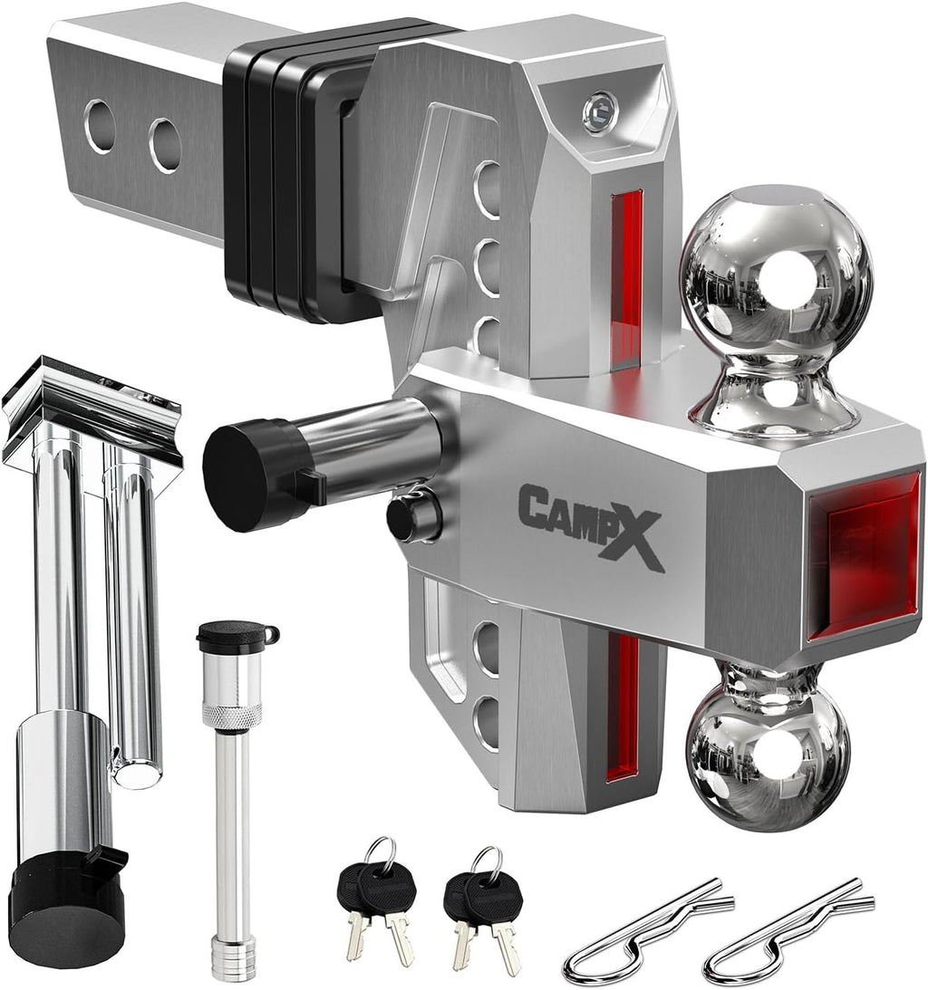 Adjustable Trailer Hitch Fits 2" Receiver 6-Inch Drop/Rise, Silver | Aluminum Tow Hitch with Reflector, 14,500 LBS GTW for Heavy Duty Towing, 2" & 2-5/16" Ball Mounts for RV,SUV, ATV and Truck