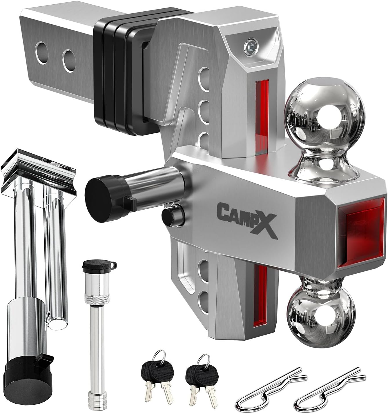 Adjustable Trailer Hitch Fits 2" Receiver 6-Inch Drop/Rise, Silver | Aluminum Tow Hitch with Reflector, 14,500 LBS GTW for Heavy Duty Towing, 2" & 2-5/16" Ball Mounts for RV,SUV, ATV and Truck