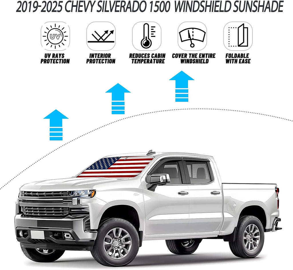 D-Lumina Windshield Sun Shade American Flag for 2019-2025 Chevy Silverado 1500 Accessories, Front Window Sunshade Sun Visor Protector Sun Shield Block UV Rays Heat, Foldable 2 Layers 210T Material